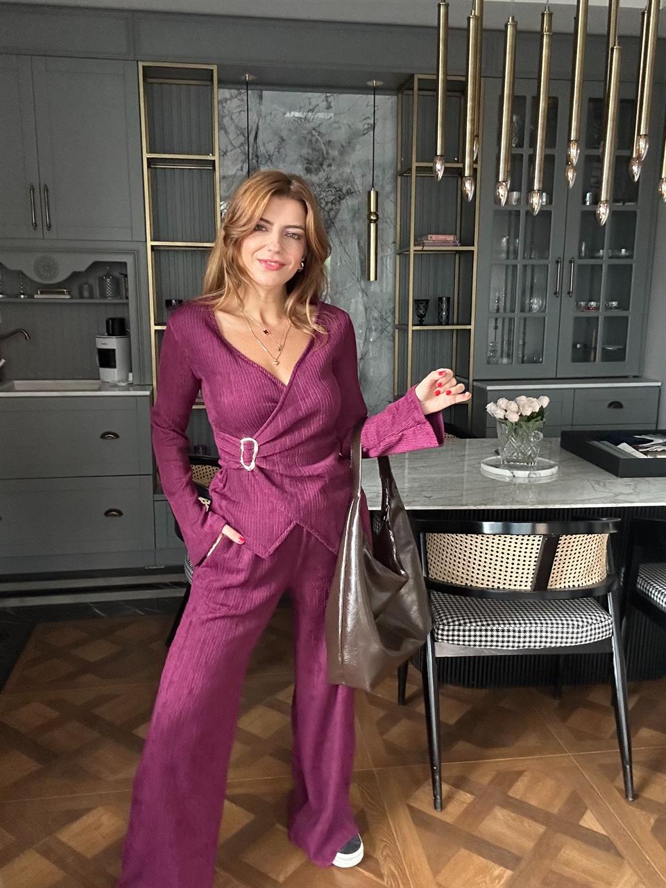 Bordo Metal Aksesuarlı Fitilli Kruvaze Takım