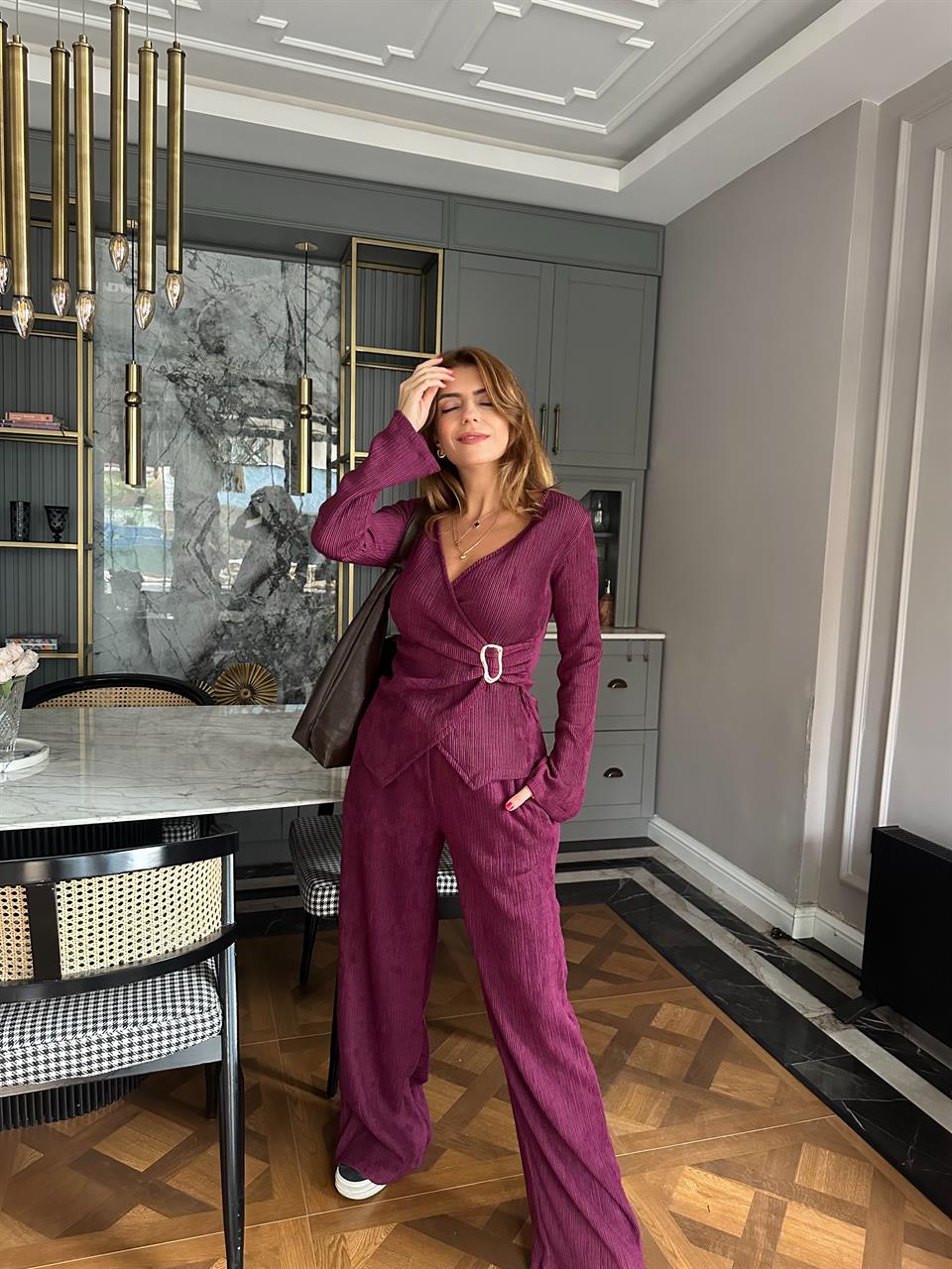 Bordo Metal Aksesuarlı Fitilli Kruvaze Takım