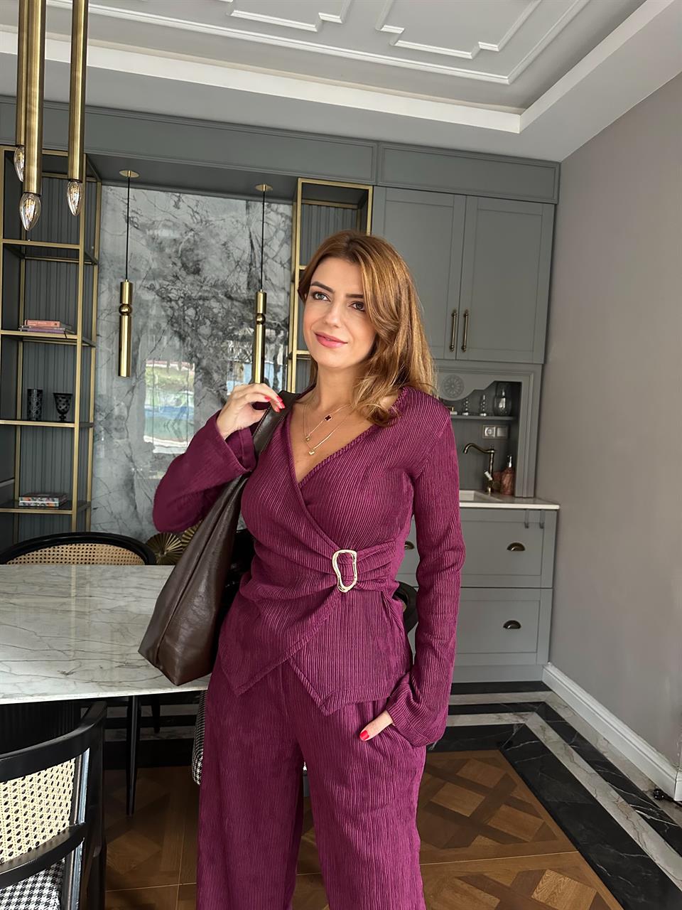 Bordo Metal Aksesuarlı Fitilli Kruvaze Takım