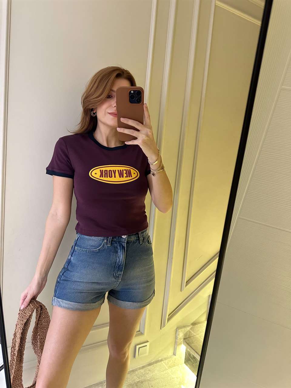 Bordo New York Baskılı Biyeli Tişört