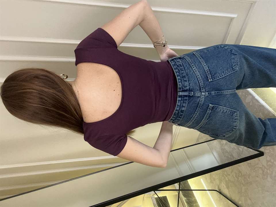 Bordo Ön Arka U Yaka Kısa Kol Bluz