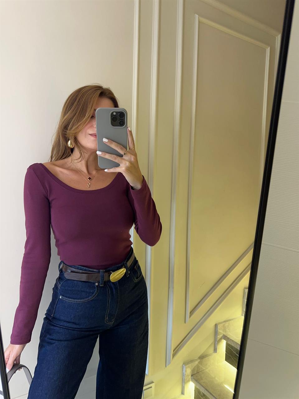 Bordo Ön Arka U Yaka Uzun Kol Bluz