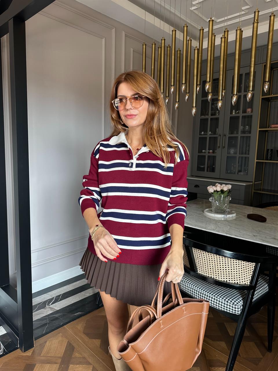 Bordo Oversize Çizgili Polo Yaka Triko Kazak