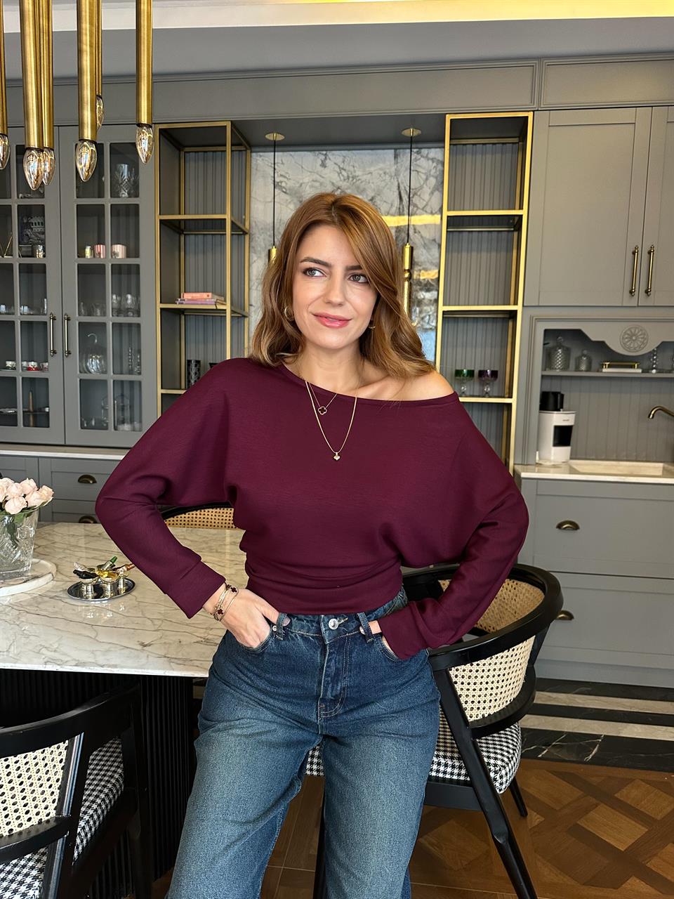 Bordo Pamuk Kumaş Kayık Yaka Bluz