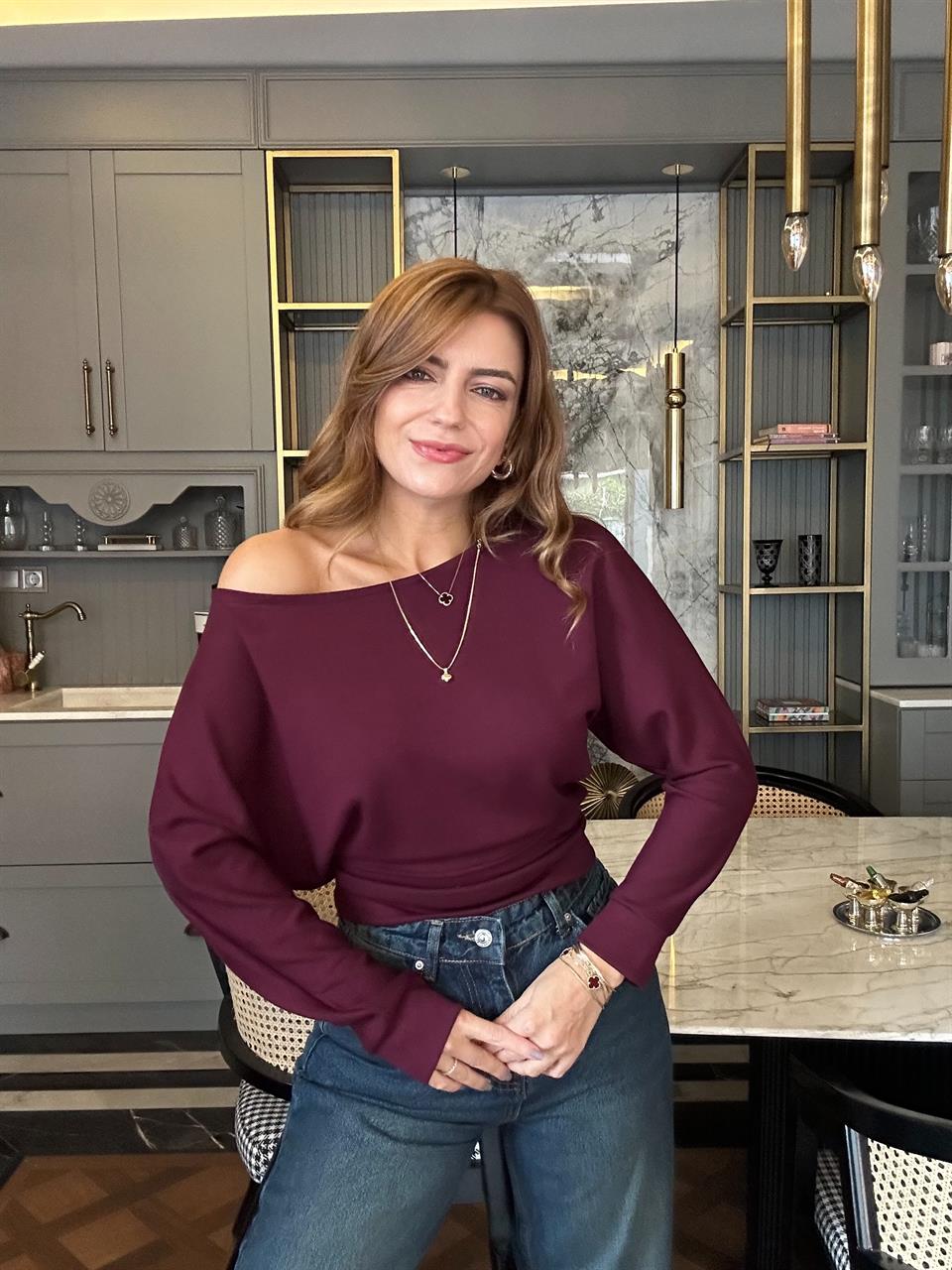 Bordo Pamuk Kumaş Kayık Yaka Bluz