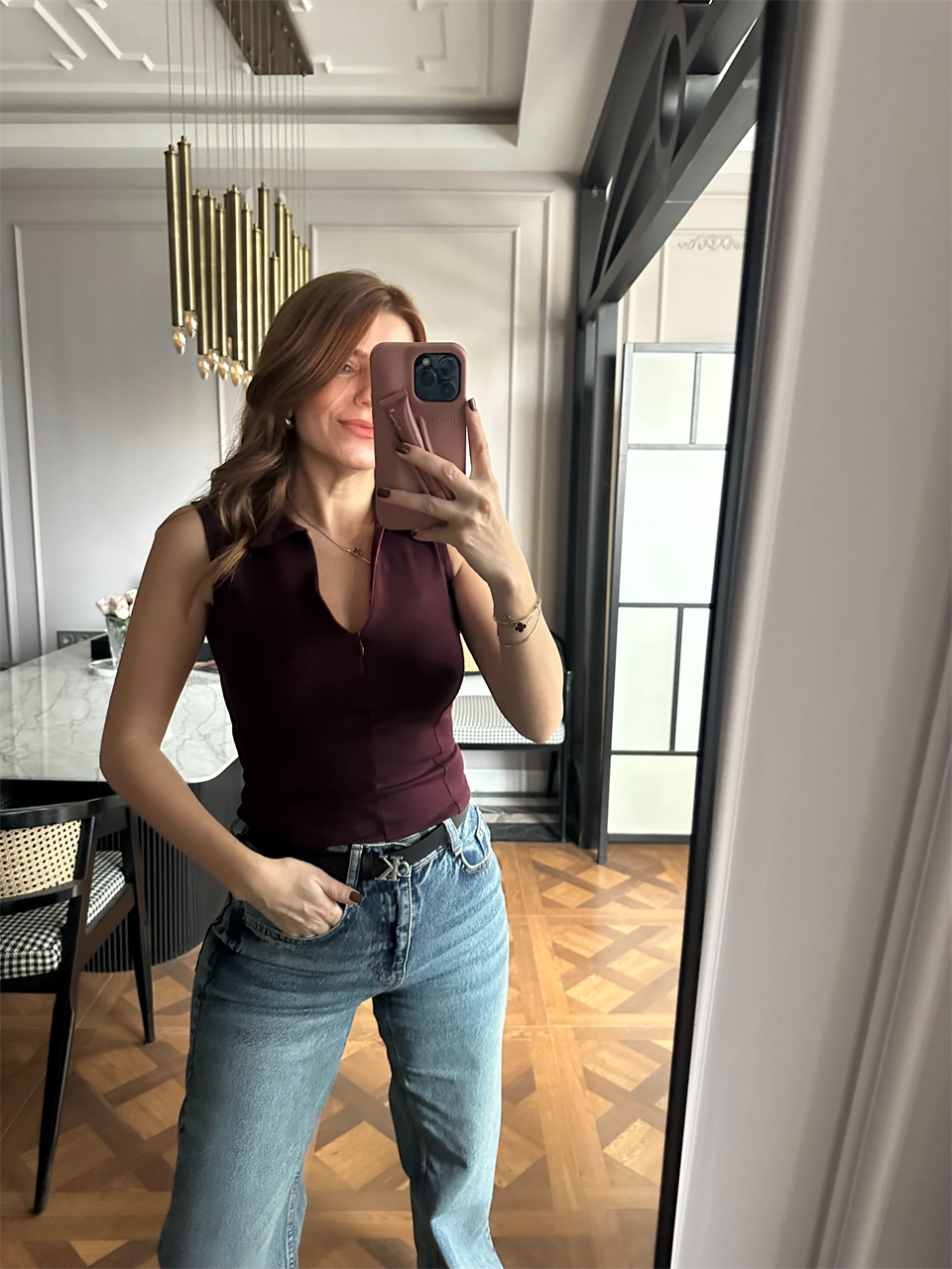 Bordo Polo Yaka Fermuarlı Kolsuz Bluz