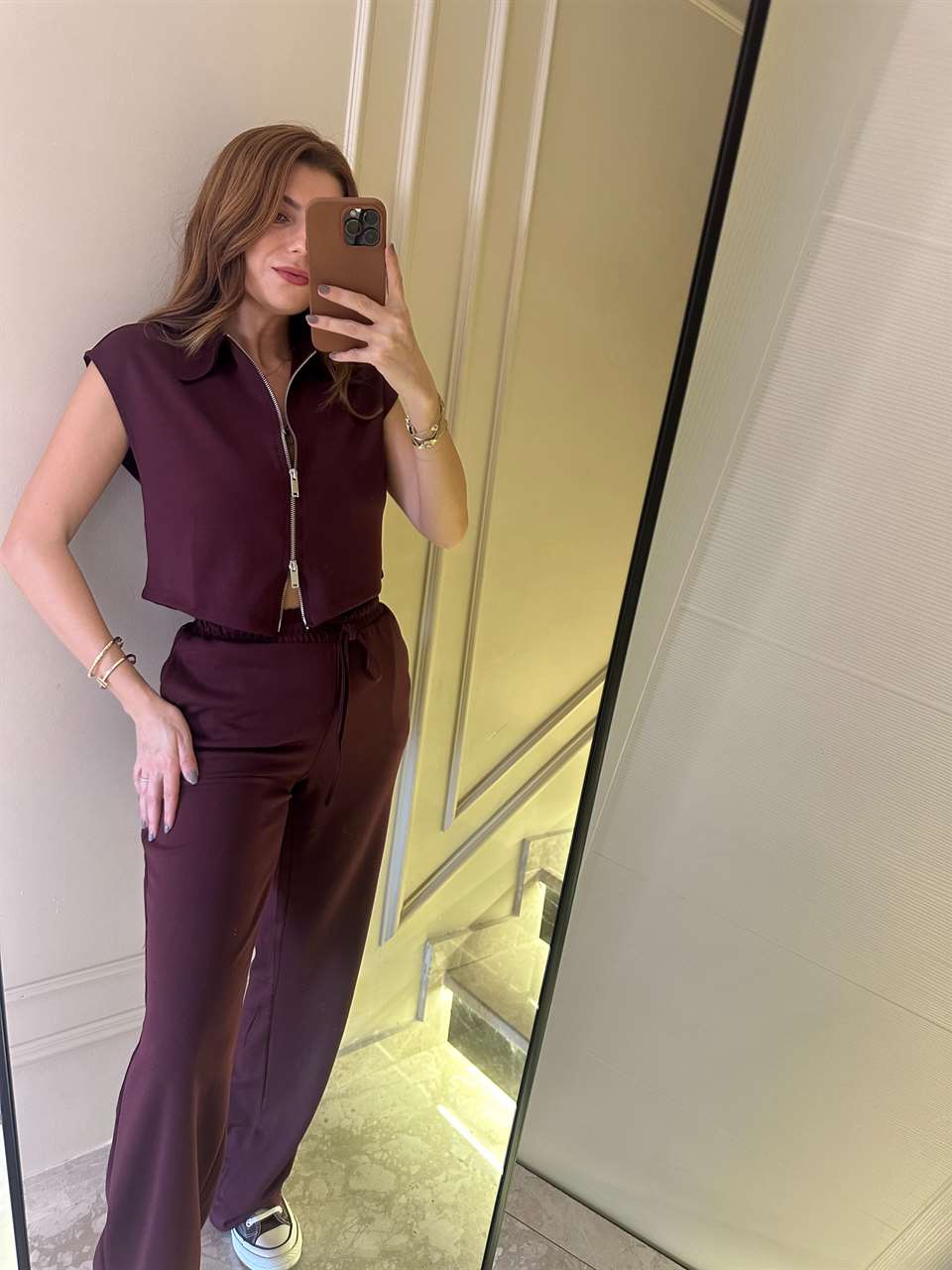 Bordo Polo Yaka Kolsuz Fermuarlı Takım