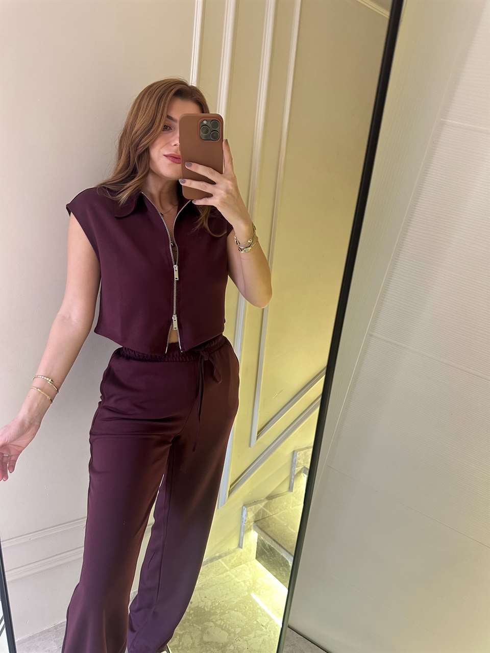 Bordo Polo Yaka Kolsuz Fermuarlı Takım