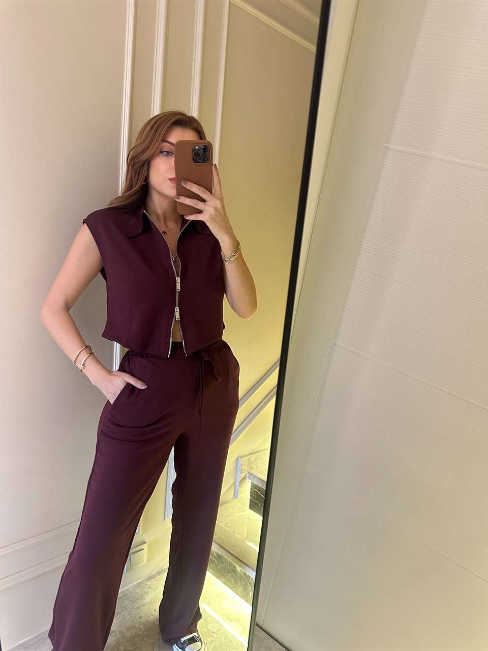 Bordo Polo Yaka Kolsuz Fermuarlı Takım