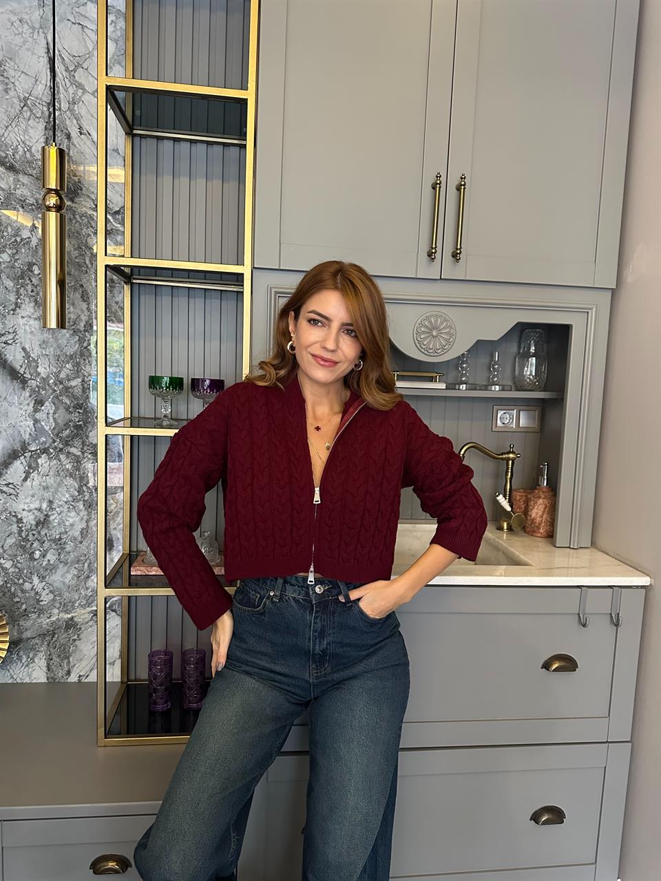 Bordo Saç Örgü Çift Fermuarlı Triko Hırka