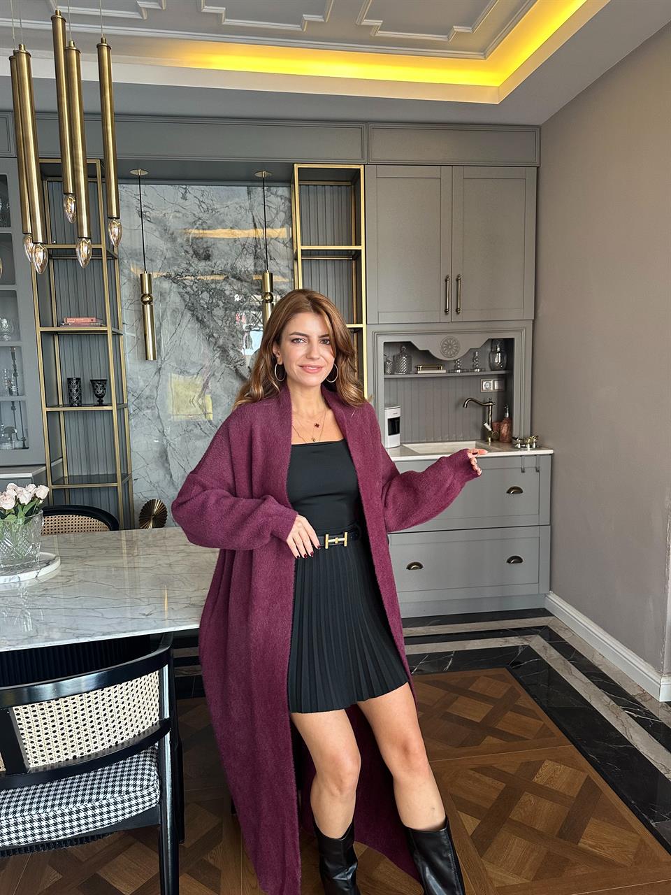 Bordo Sakallı Yumoş Uzun Hırka