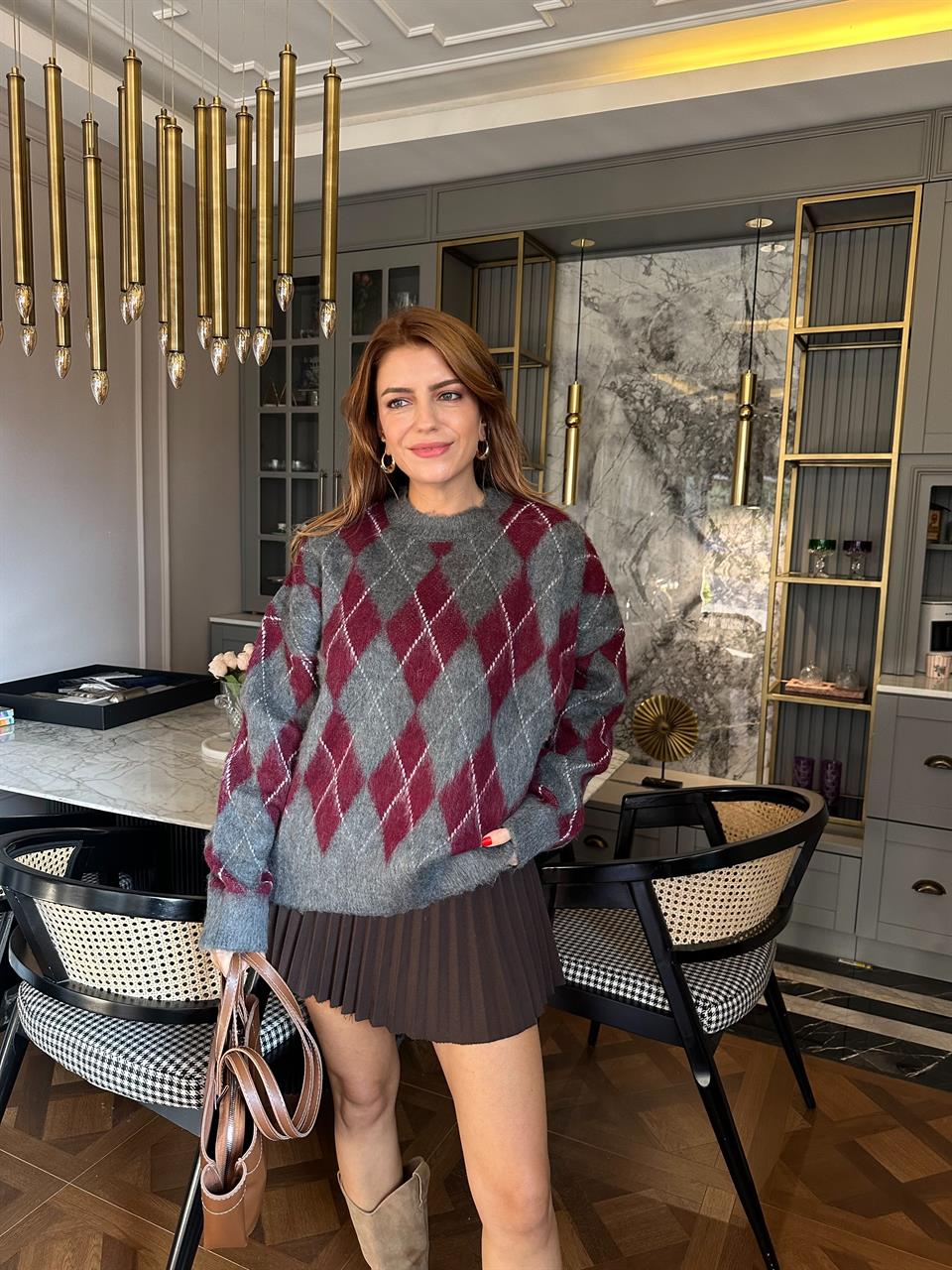 Bordo Şardonlu Baklava Desen Salaş Kazak