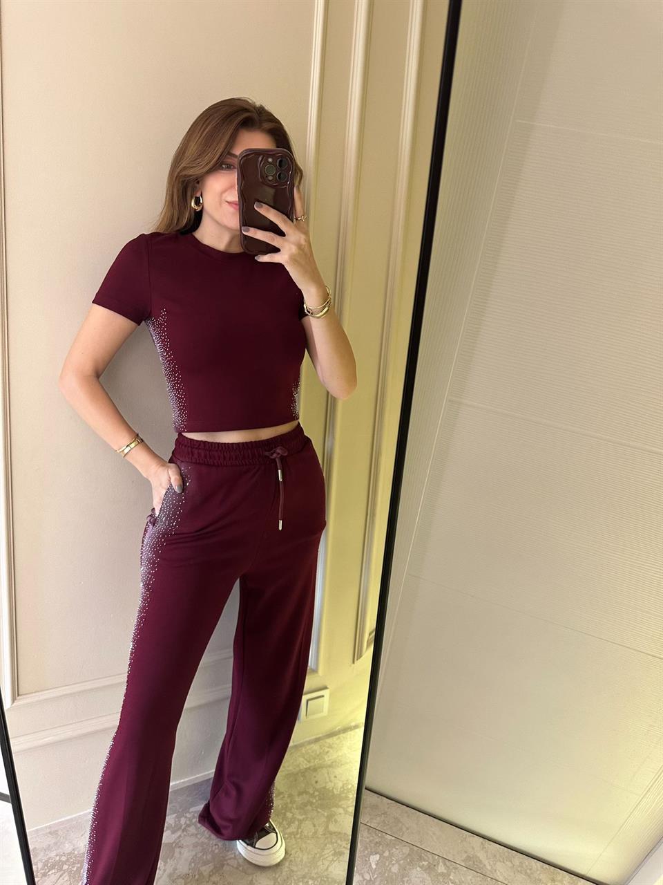 Bordo Taşlı İkili Takım