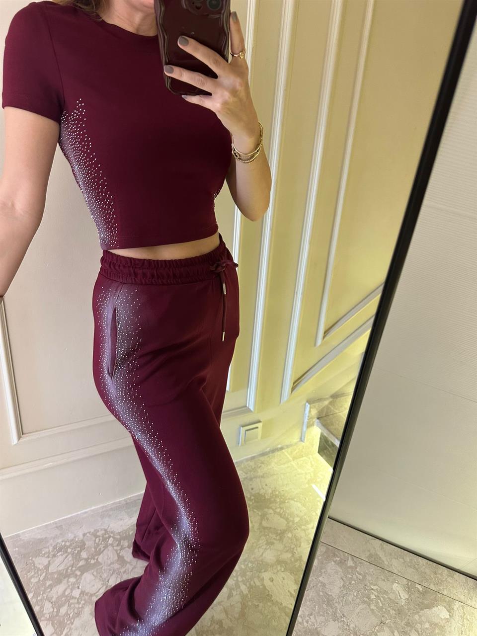 Bordo Taşlı İkili Takım