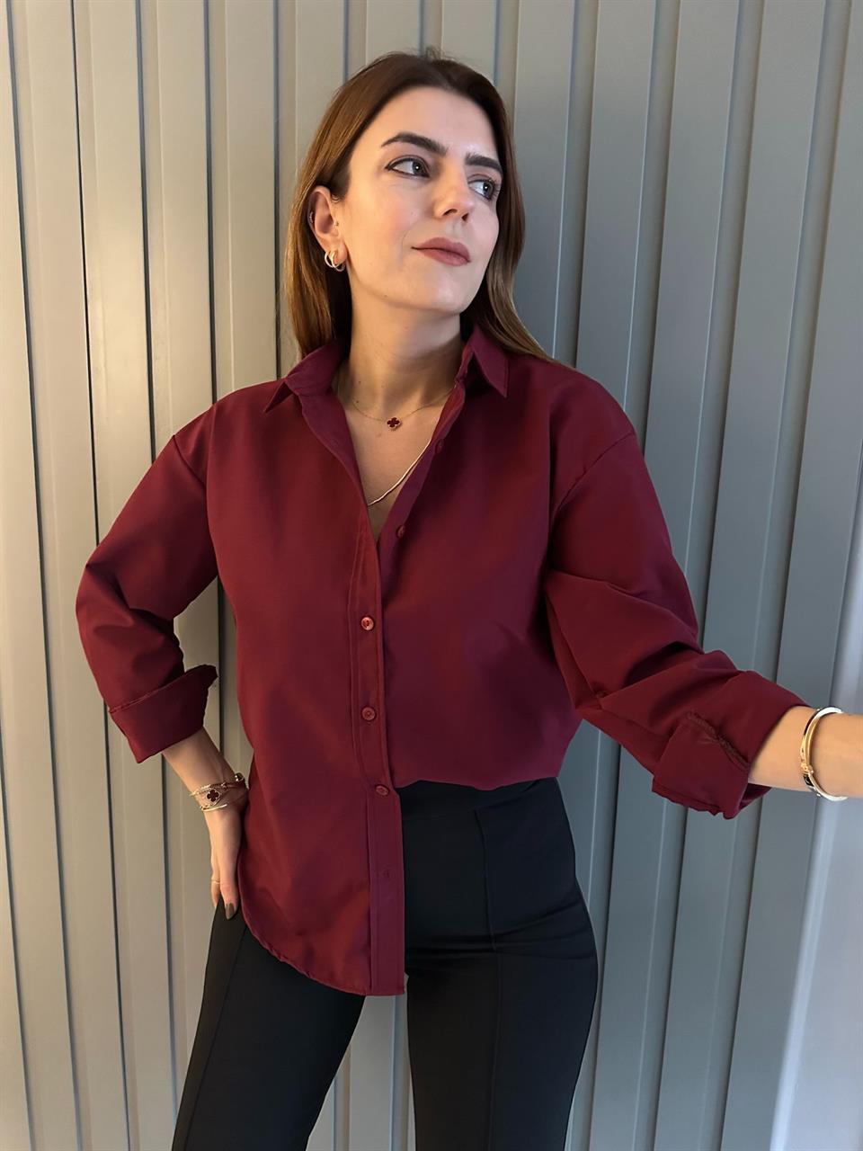 Bordo Terikoton Salaş Gömlek