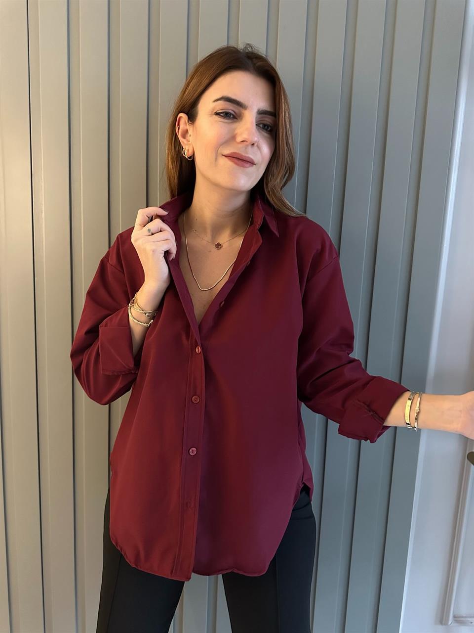 Bordo Terikoton Salaş Gömlek