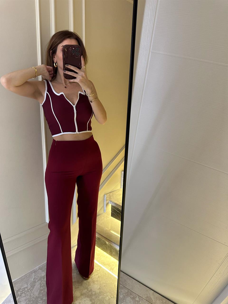 Bordo Yan Fermuar Streç Pantolon