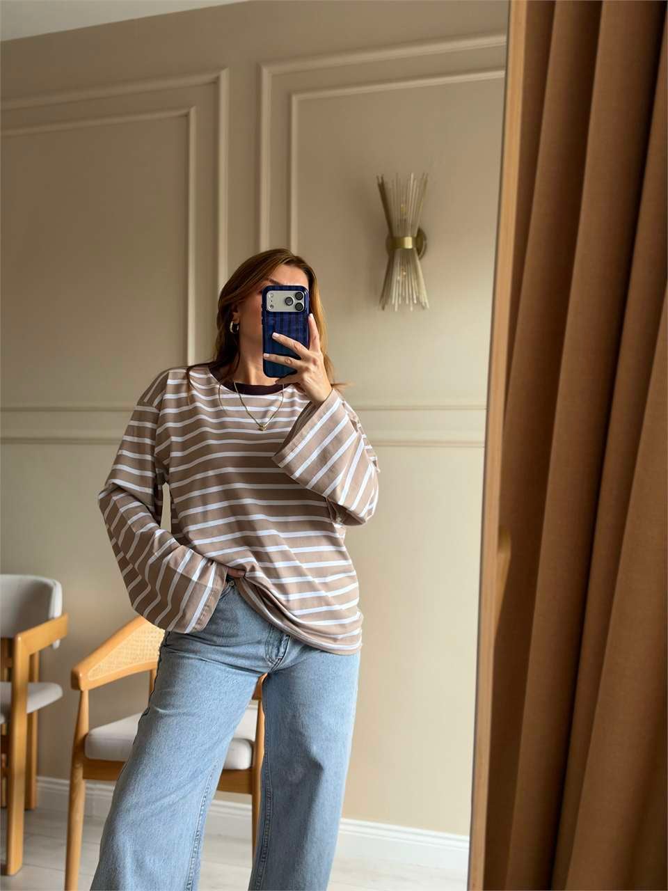 Boru Kol Çizgili Oversize Bluz - Bej