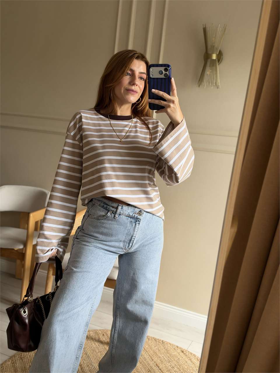 Boru Kol Çizgili Oversize Bluz - Bej