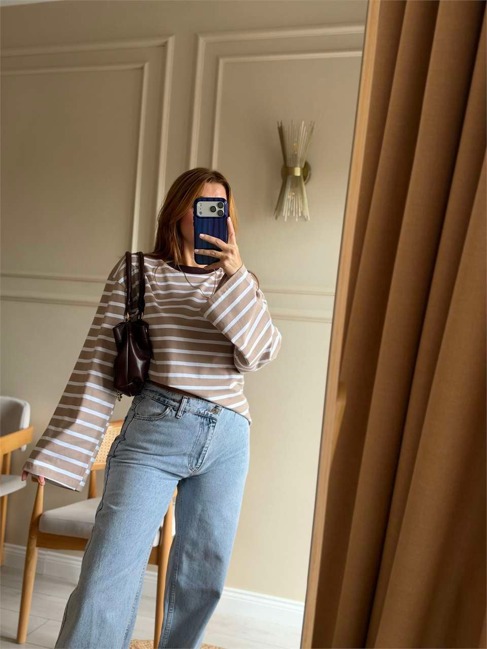 Boru Kol Çizgili Oversize Bluz - Bej