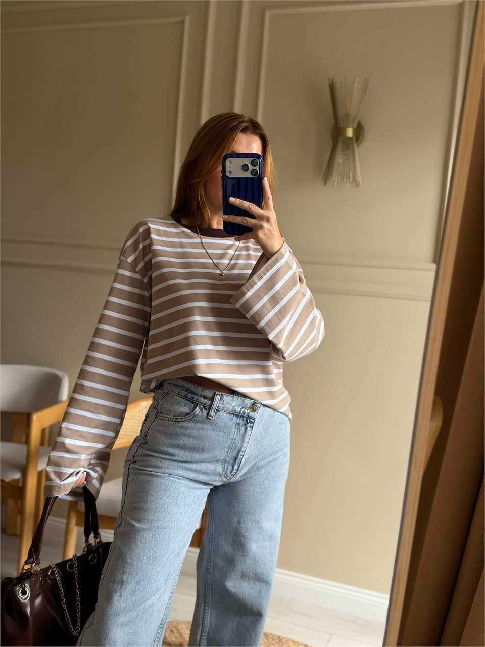 Boru Kol Çizgili Oversize Bluz - Bej