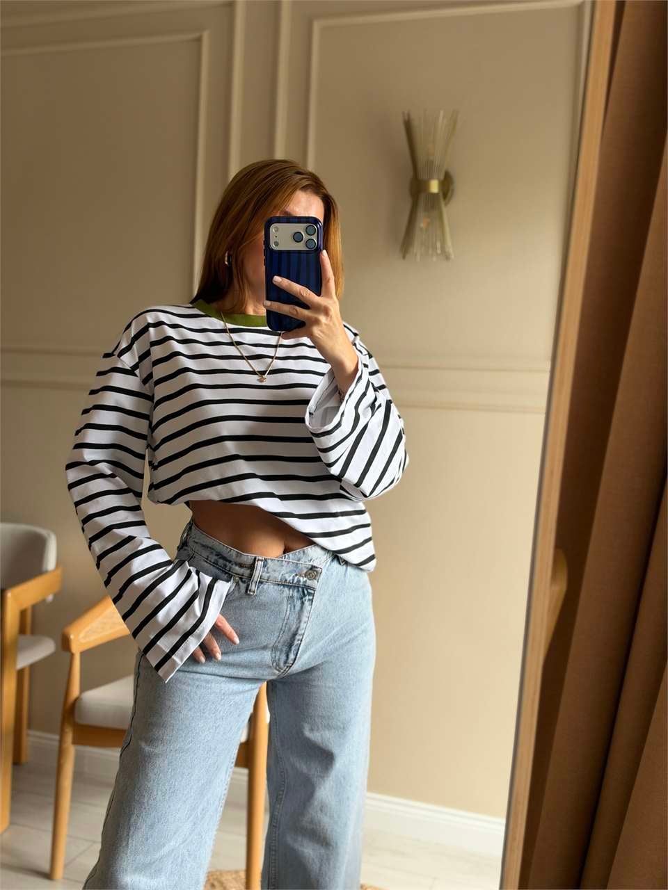 Boru Kol Çizgili Oversize Bluz - Beyaz