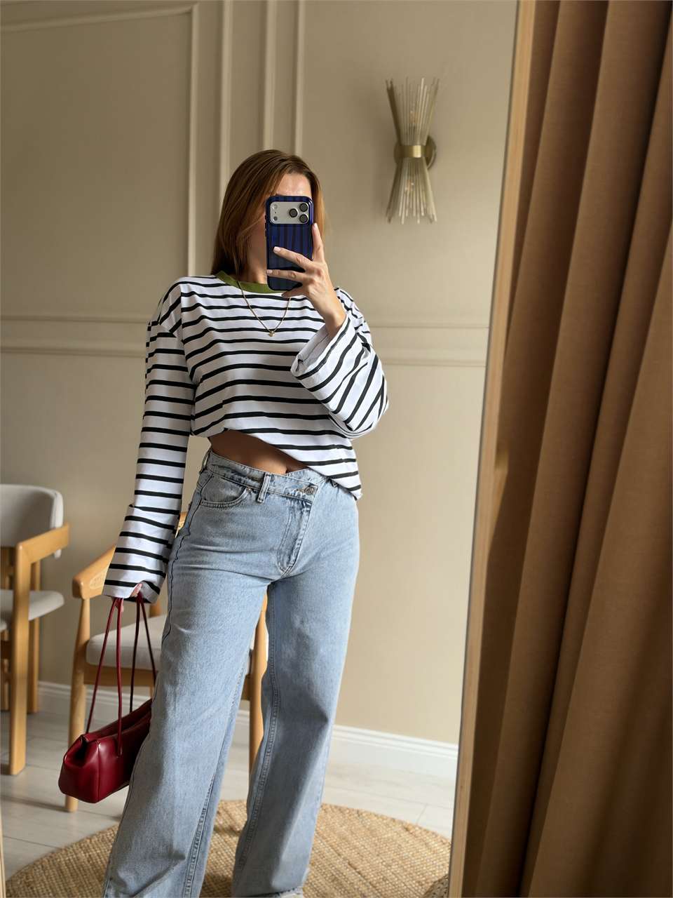 Boru Kol Çizgili Oversize Bluz - Beyaz