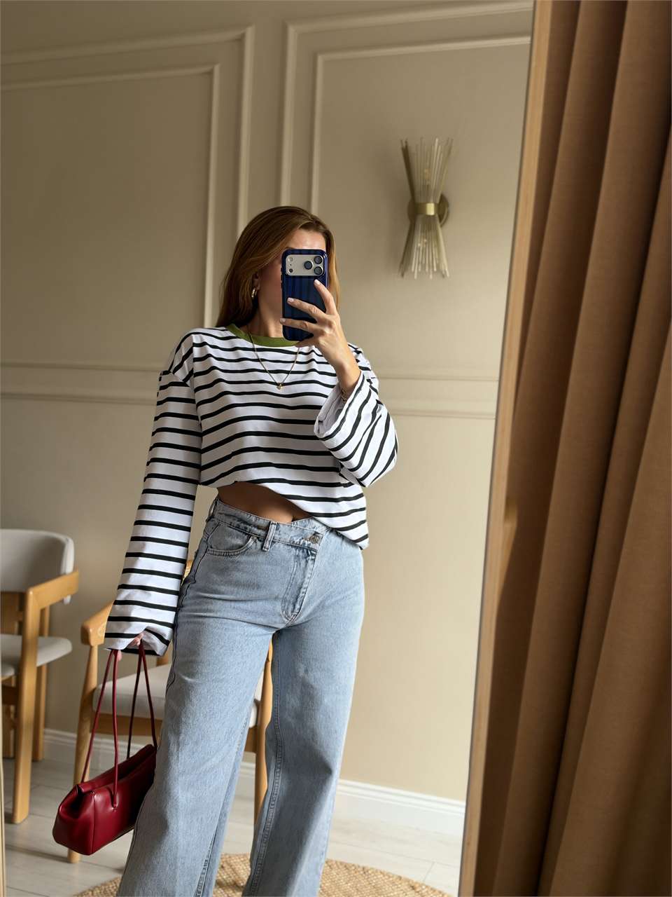 Boru Kol Çizgili Oversize Bluz - Beyaz