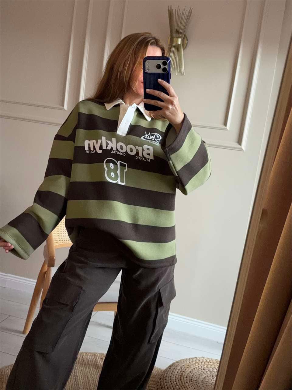 Brooklyn Baskılı Polo Yaka Sweatshirt - Haki