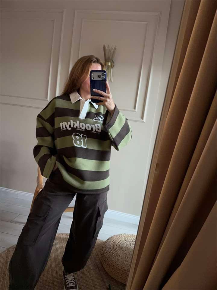 Brooklyn Baskılı Polo Yaka Sweatshirt - Haki