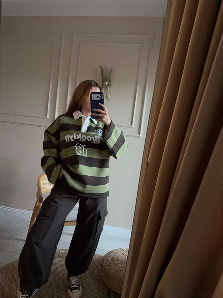 Brooklyn Baskılı Polo Yaka Sweatshirt - Haki