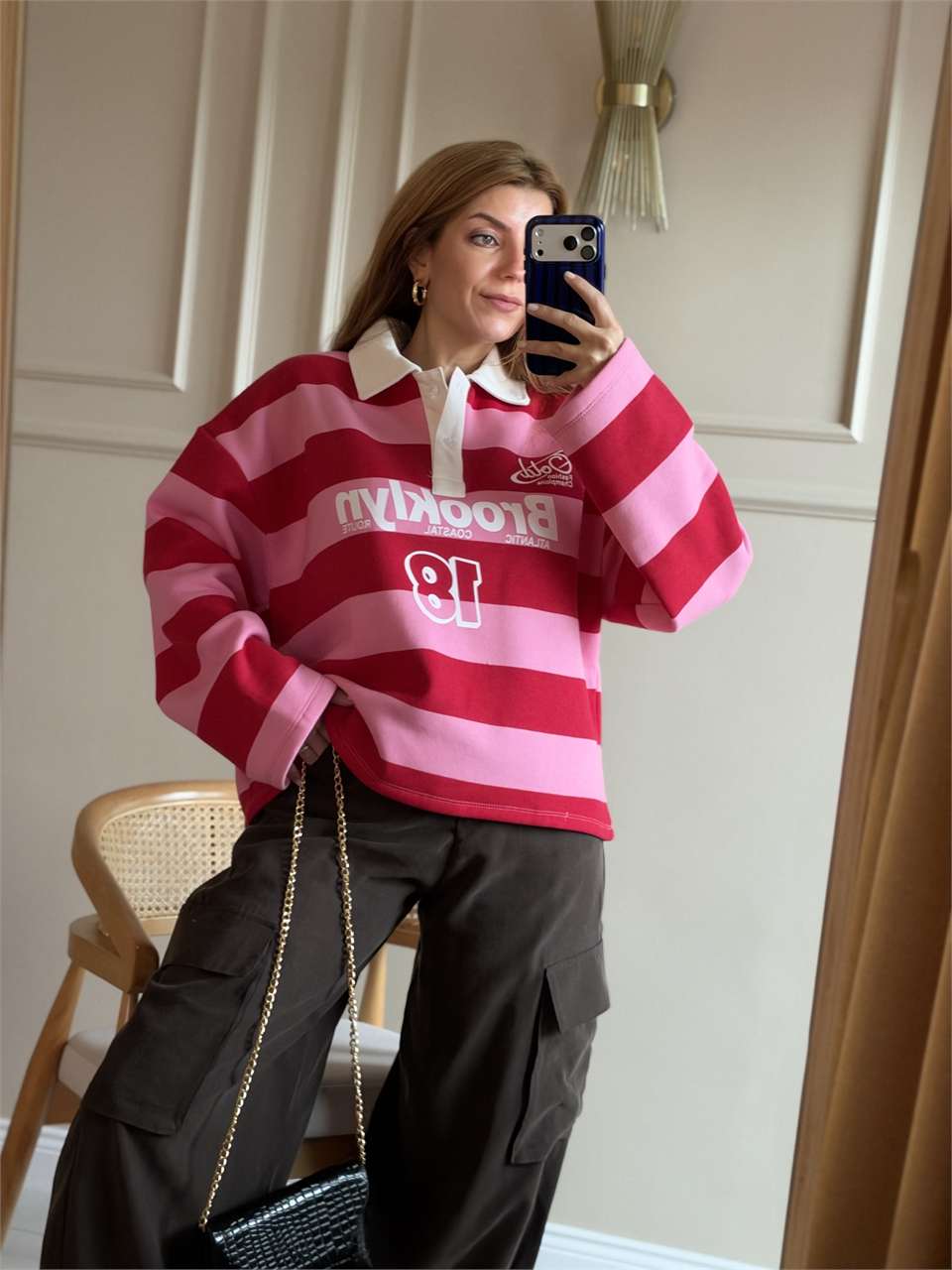 Brooklyn Baskılı Polo Yaka Sweatshirt - Pembe