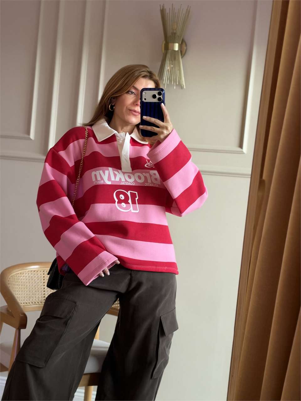 Brooklyn Baskılı Polo Yaka Sweatshirt - Pembe