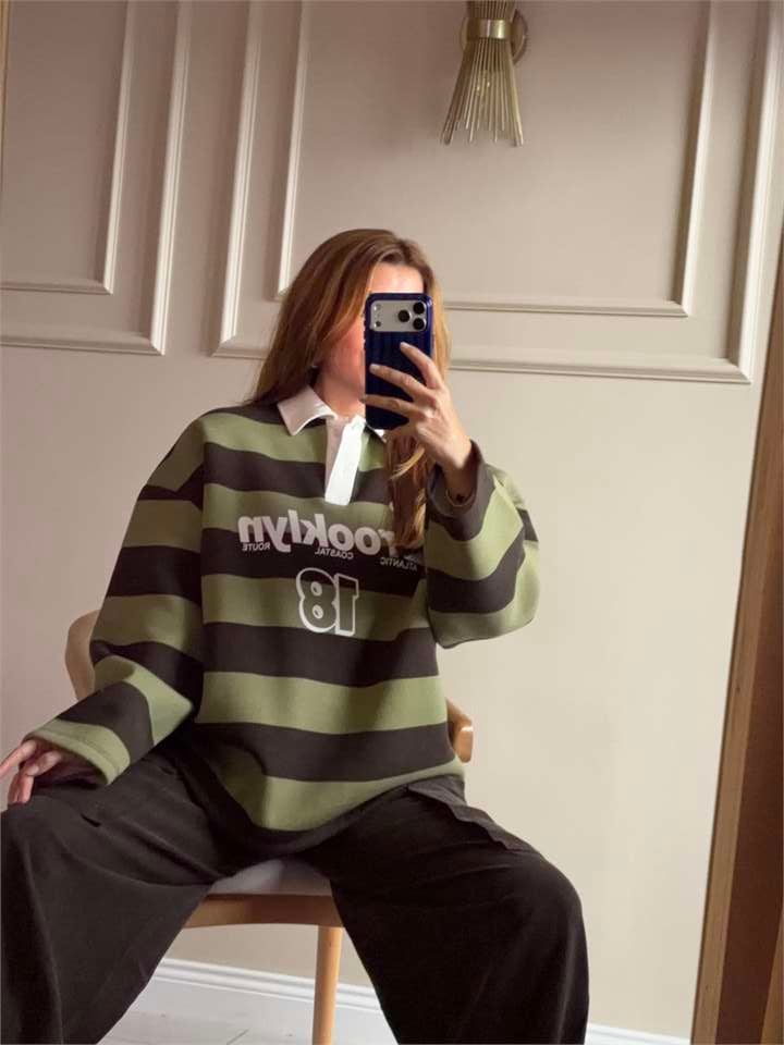 Brooklyn Baskılı Polo Yaka Sweatshirt - Haki