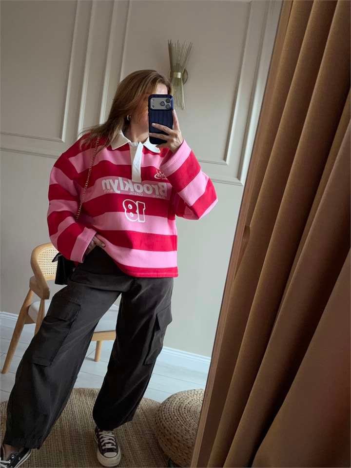 Brooklyn Baskılı Polo Yaka Sweatshirt - Pembe