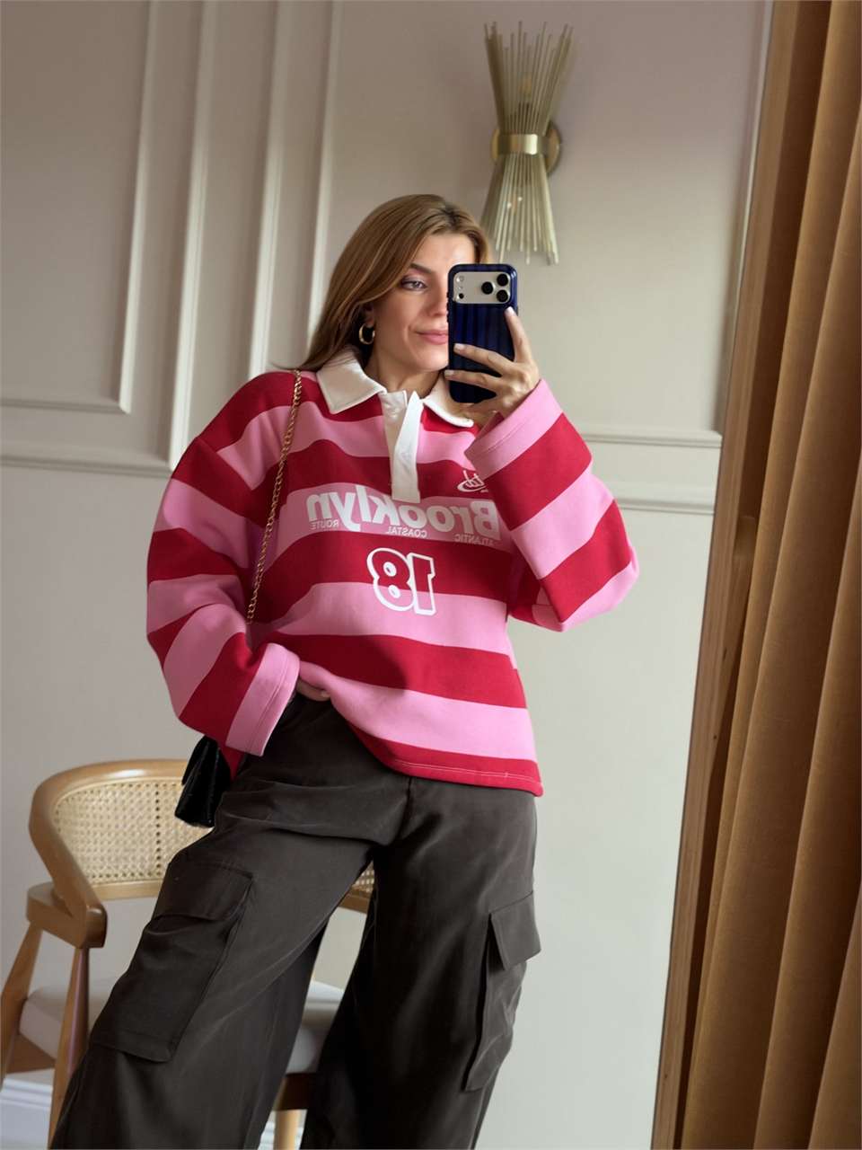 Brooklyn Baskılı Polo Yaka Sweatshirt - Pembe