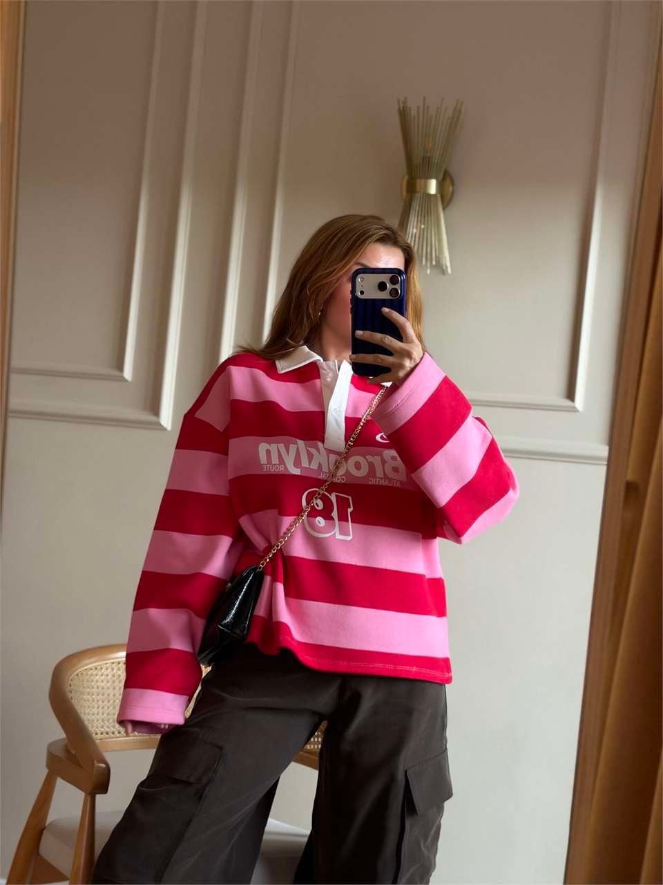 Brooklyn Baskılı Polo Yaka Sweatshirt - Pembe
