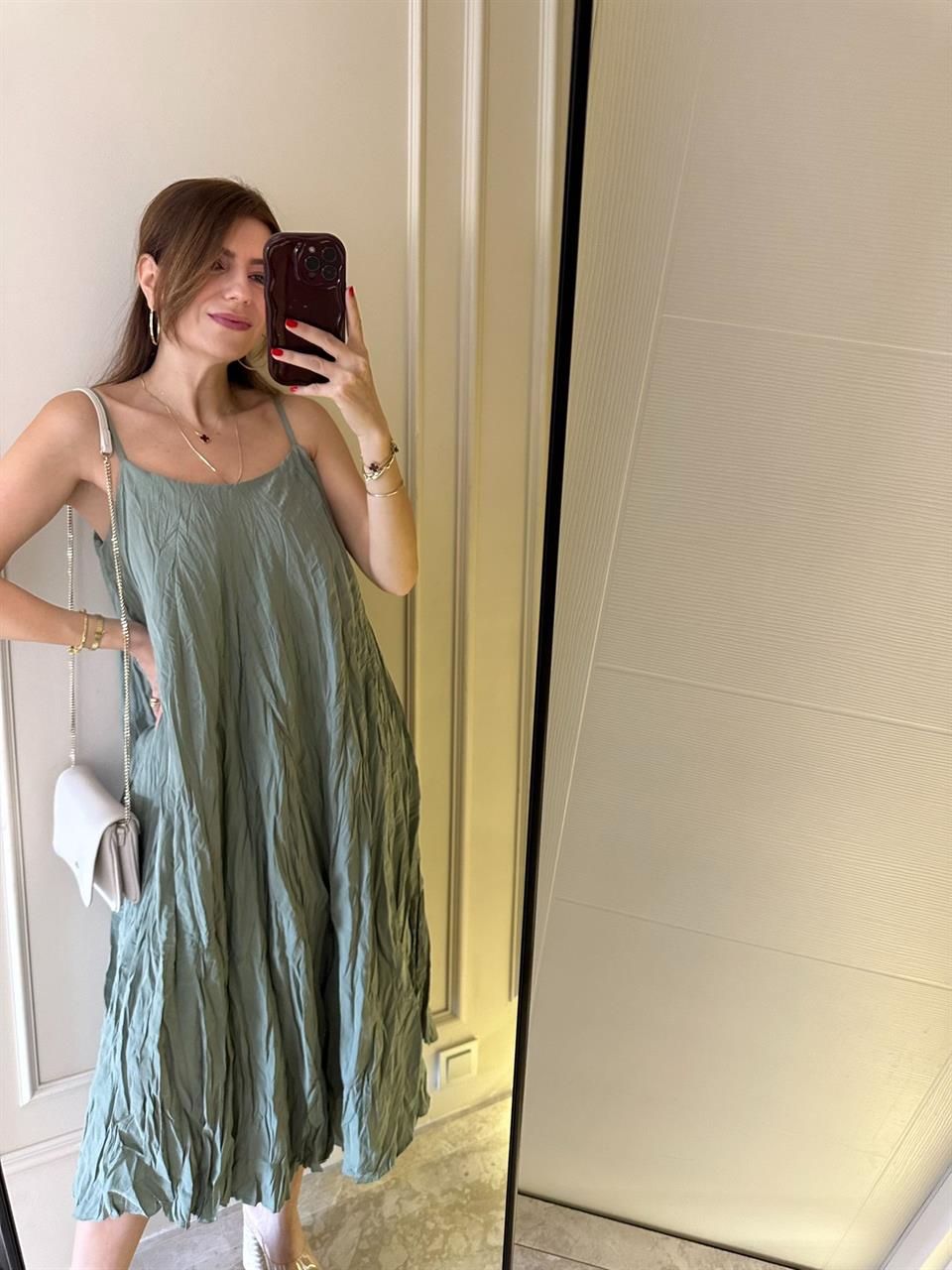 Çağla Yeşili Kırışık İçi Astarlı Modal Elbise