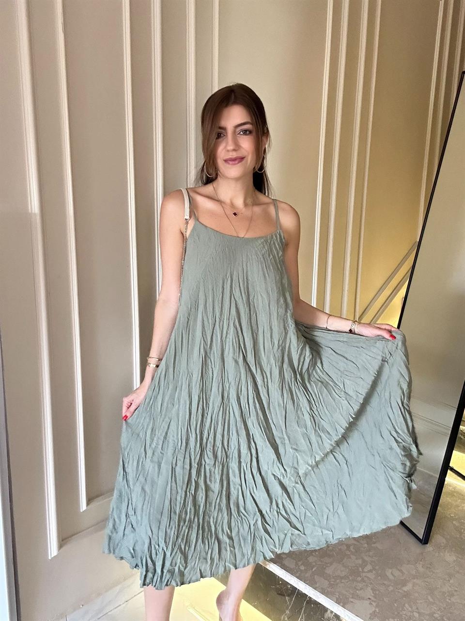 Çağla Yeşili Kırışık İçi Astarlı Modal Elbise