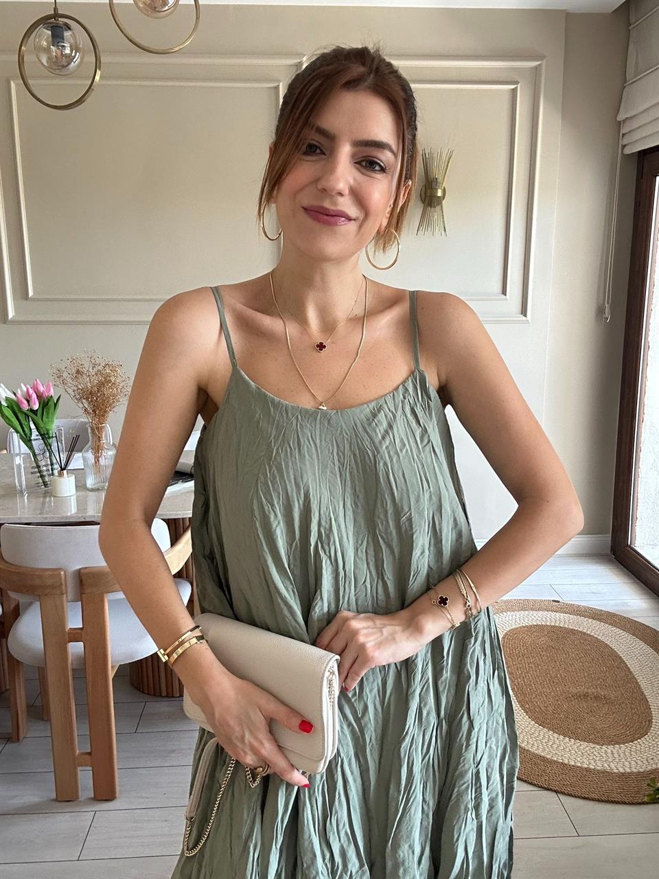 Çağla Yeşili Kırışık İçi Astarlı Modal Elbise