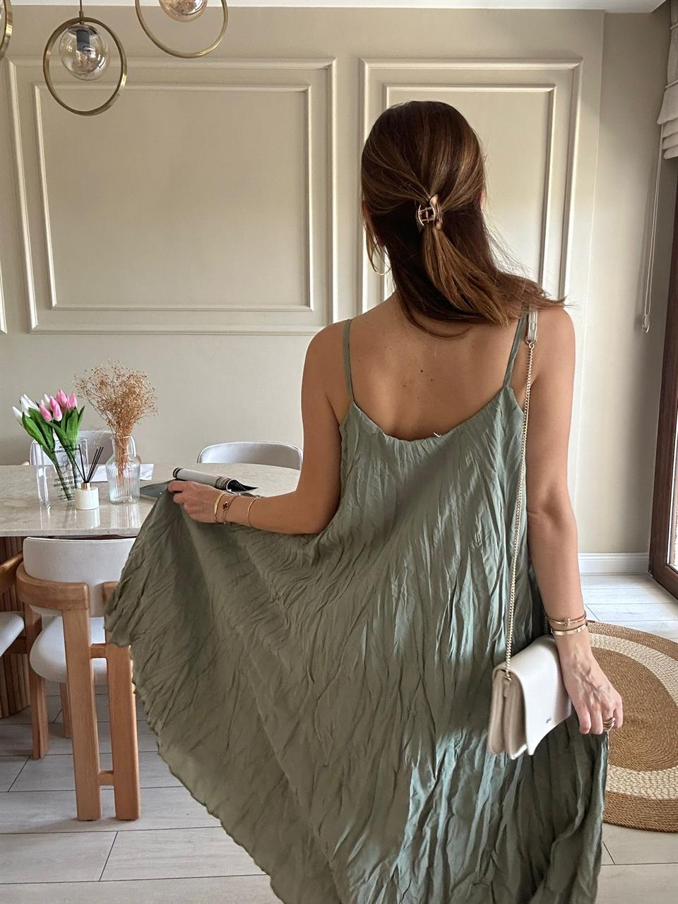 Çağla Yeşili Kırışık İçi Astarlı Modal Elbise