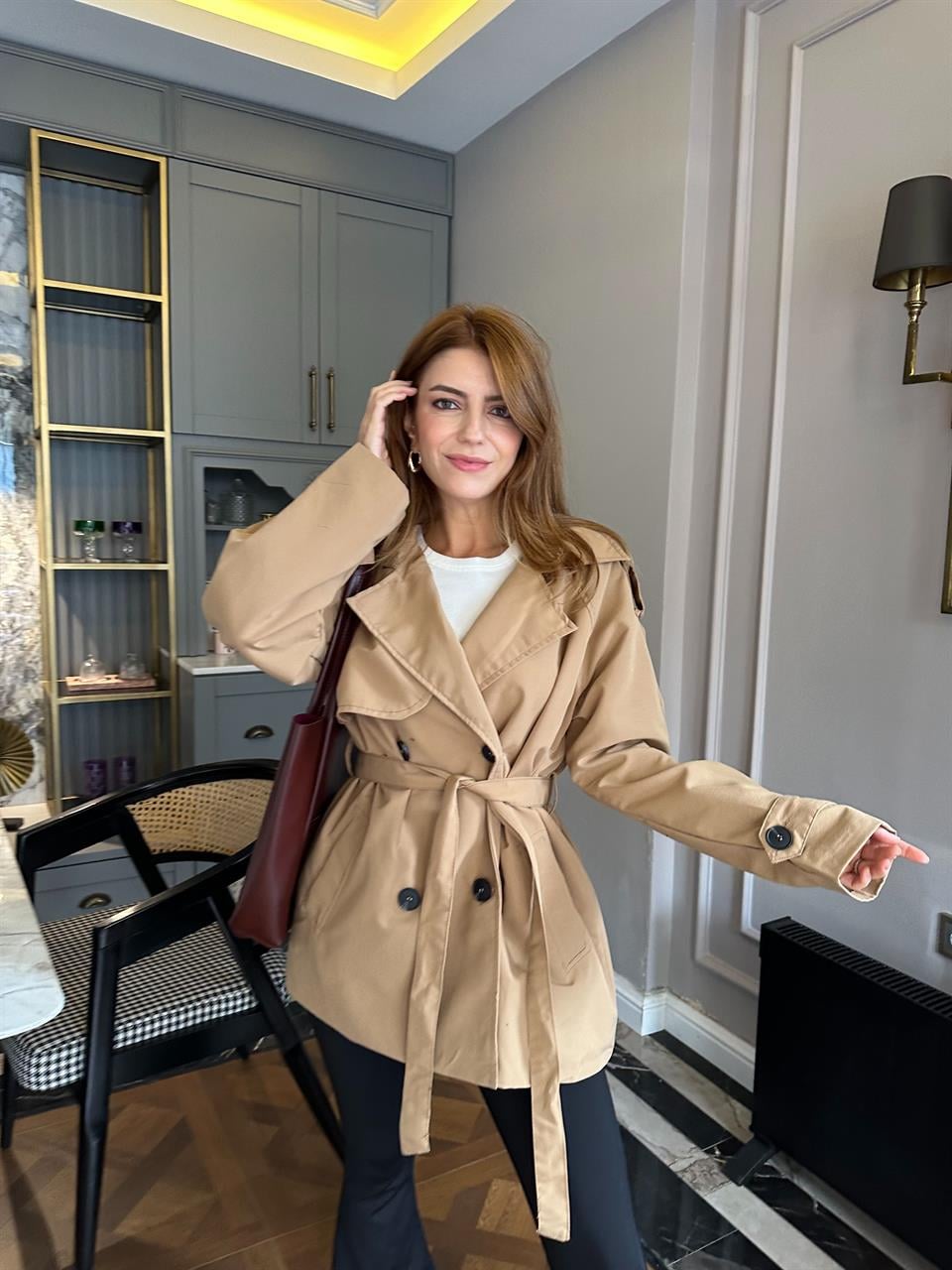 Camel Kuşak Kemerli Orta Boy Trençkot