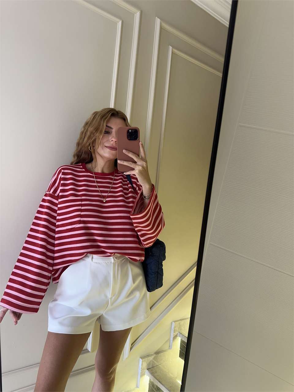 Cep Detay Çizgili Oversize Sweatshirt - KırmızıPembe