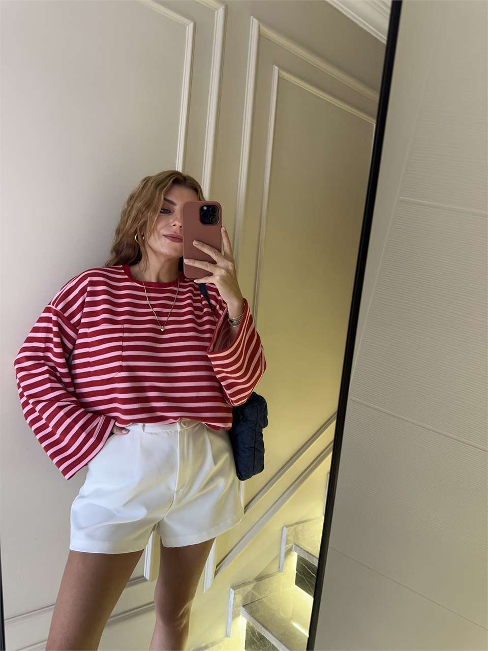 Cep Detay Çizgili Oversize Sweatshirt - KırmızıPembe