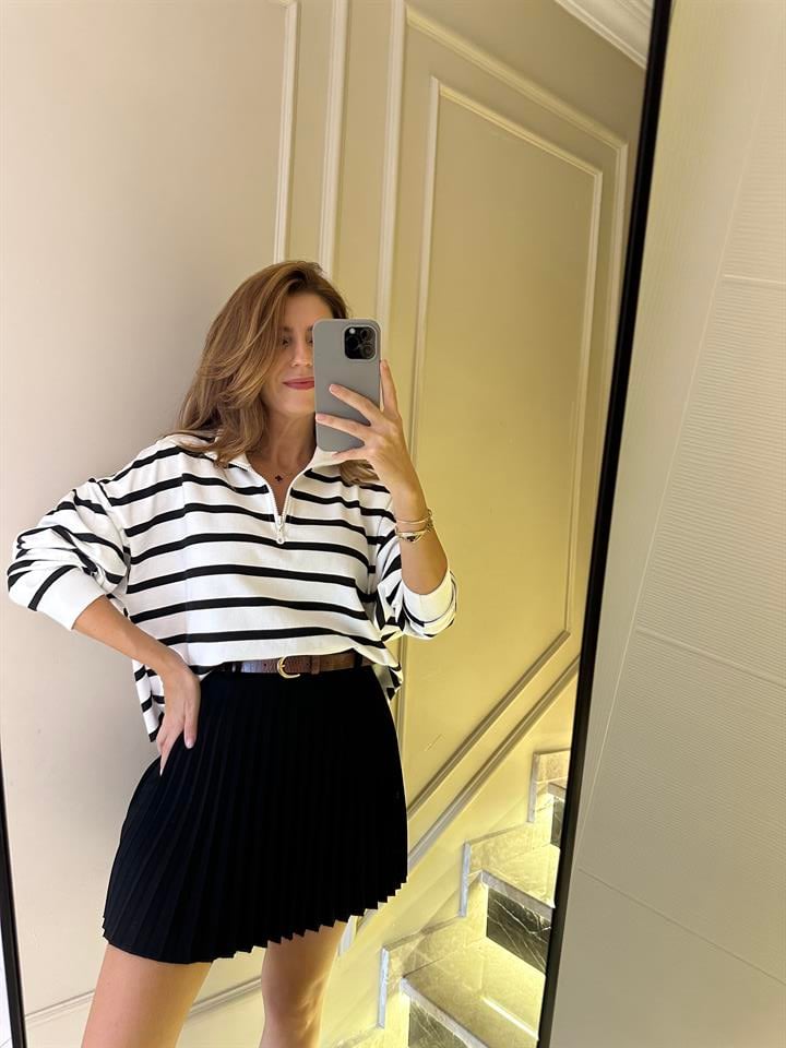 Çizgili Yarım Fermuarlı Sweatshirt