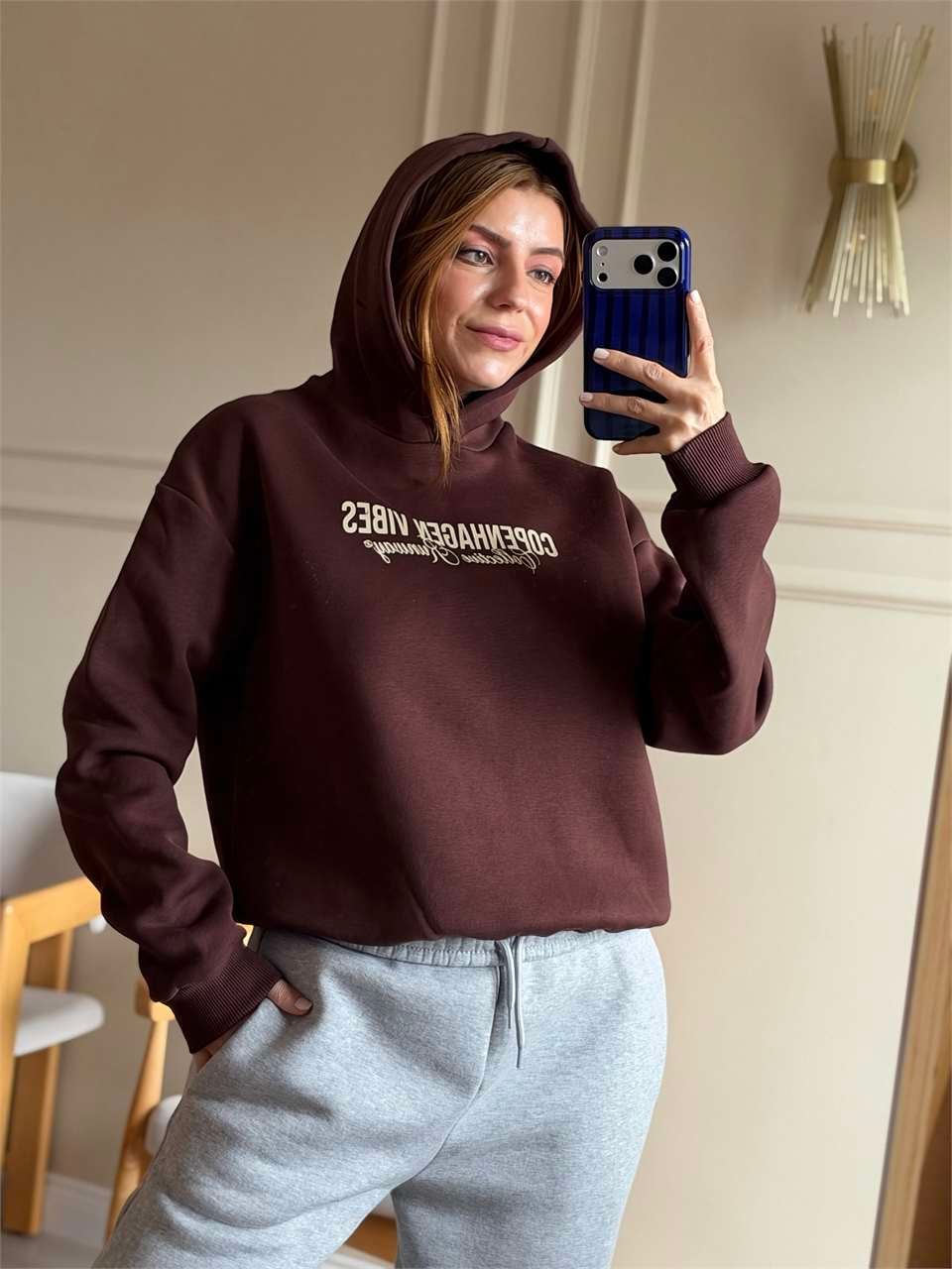 Copenhagen Baskılı Kapşonlu Sweatshirt - Acı Kahve
