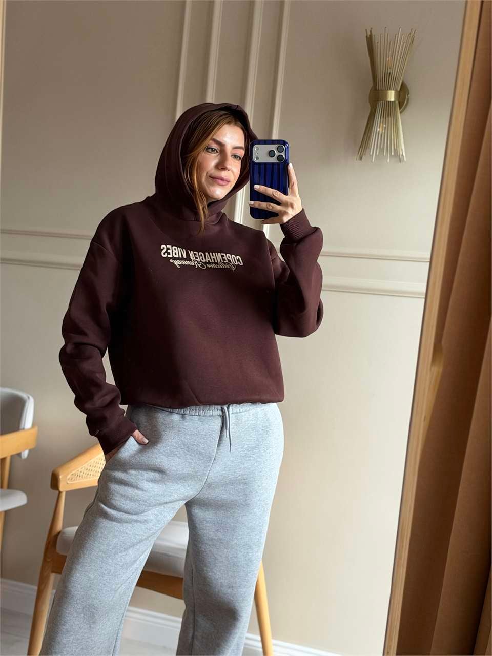 Copenhagen Baskılı Kapşonlu Sweatshirt - Acı Kahve