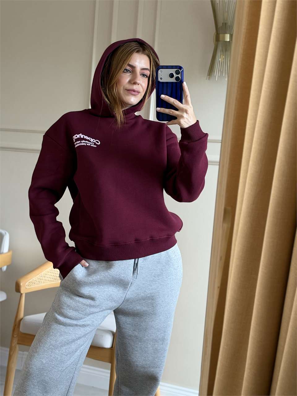 Copenhagen Baskılı Kapşonlu Sweatshirt - Bordo