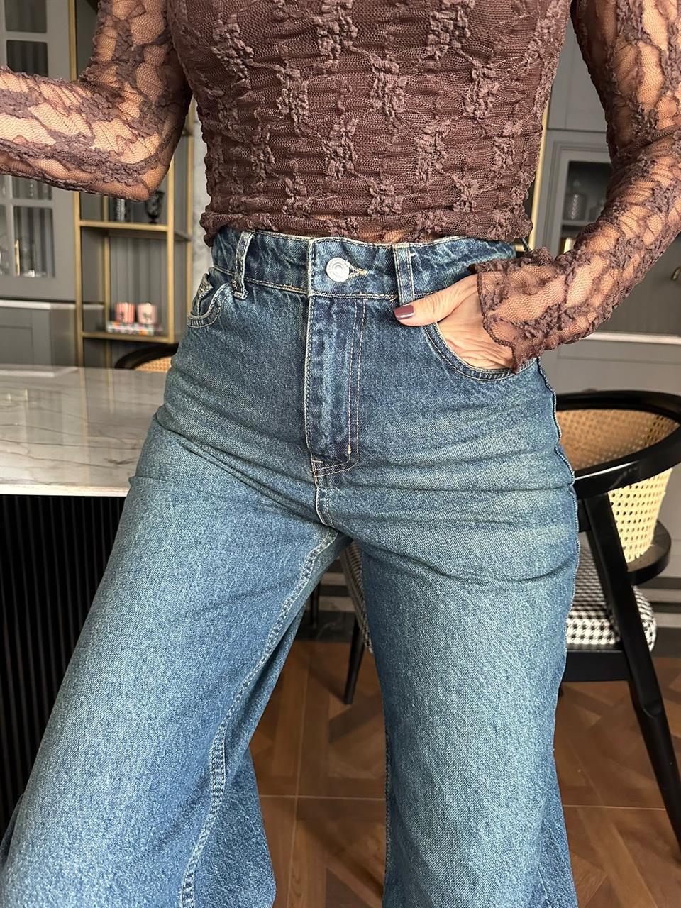 Dökümlü Palazzo Koyu Yıkama Yeşil Tintli Jean