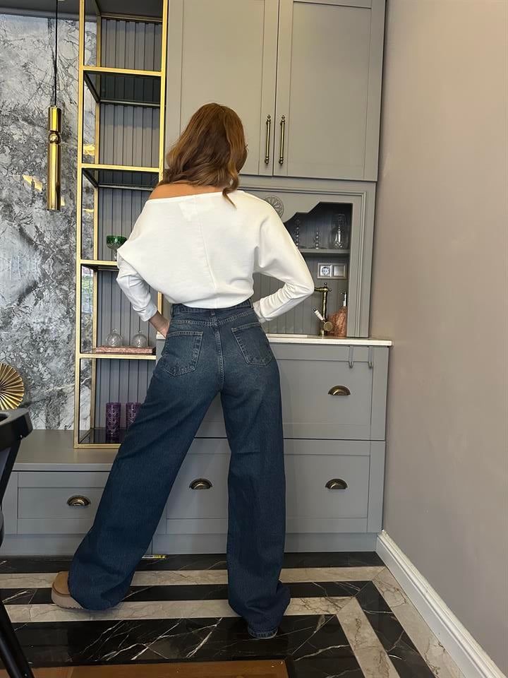 Dökümlü Palazzo Koyu Yıkama Yeşil Tintli Jean